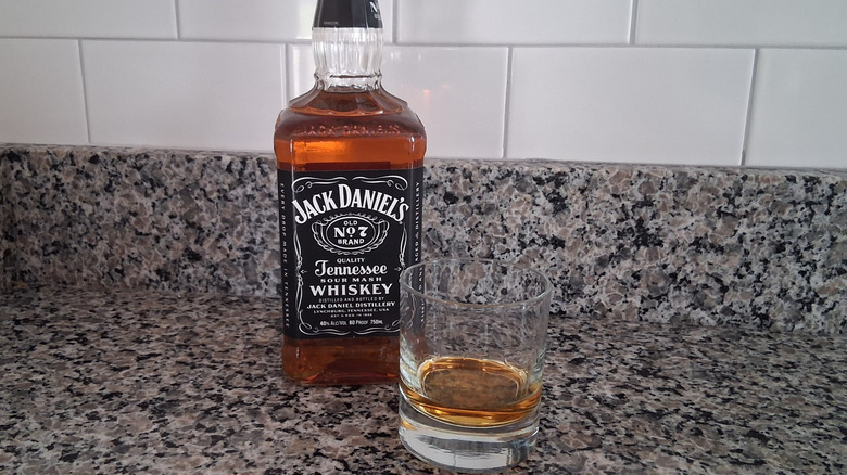 glass of Jack Daniel's neat sitting on counter