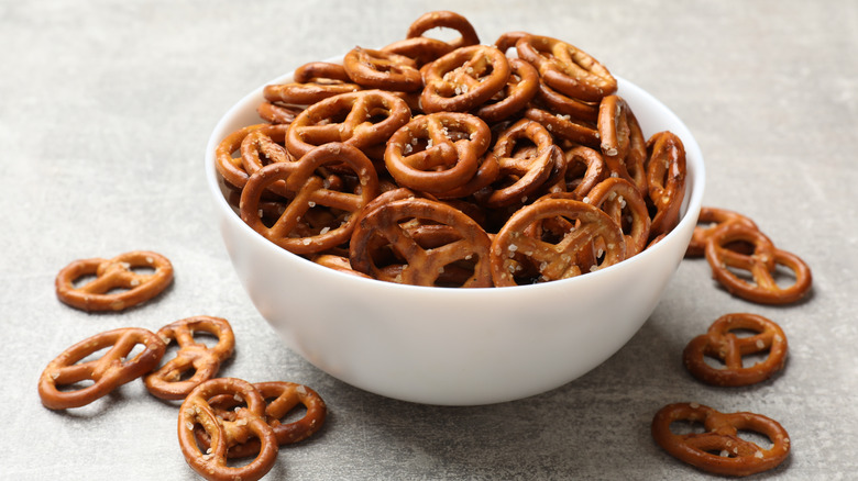 Pretzel chips in white bowl