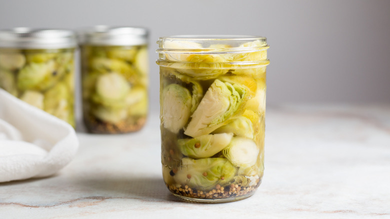 pickled Brussels sprouts in jars
