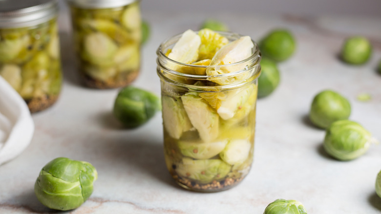 pickled Brussels sprouts in jars