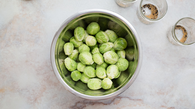 Brussels sprouts in mixing bowl