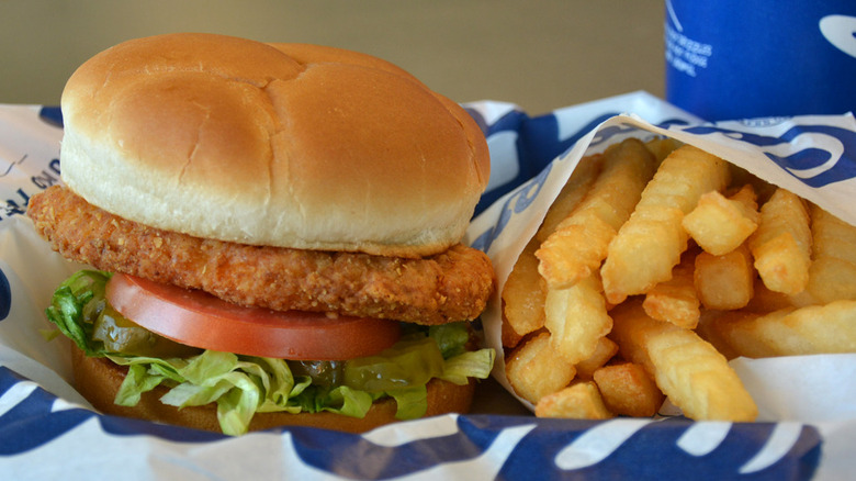 A crispy chicken sandwich and fries from Culver's in a basket