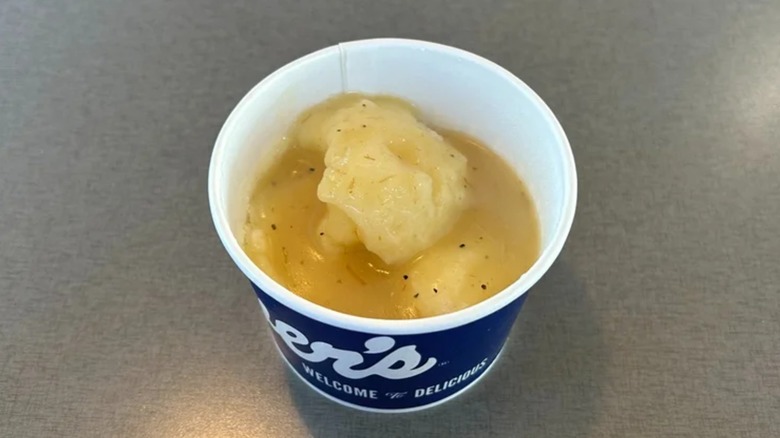 A product shot of mashed potatoes and gravy from Culver's