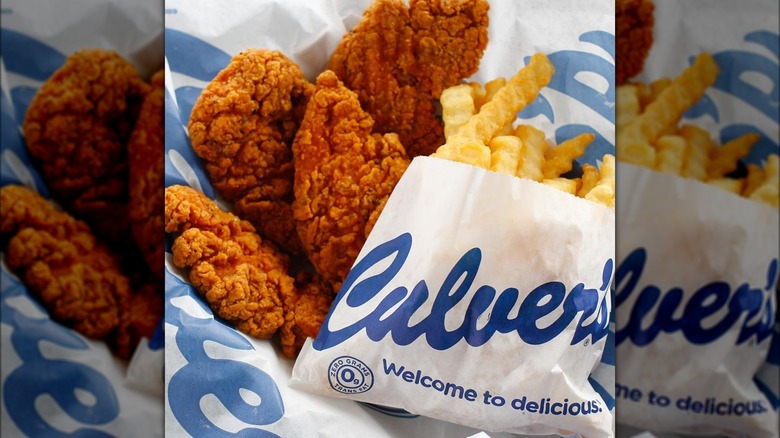 Buffalo chicken tenders and paper bag of fries from Culver's