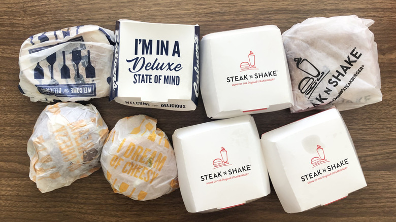 Culver's burgers and Steak 'n Shake burgers still in boxes and wrappers