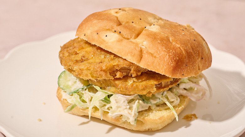 fried green tomato sandwich on a table