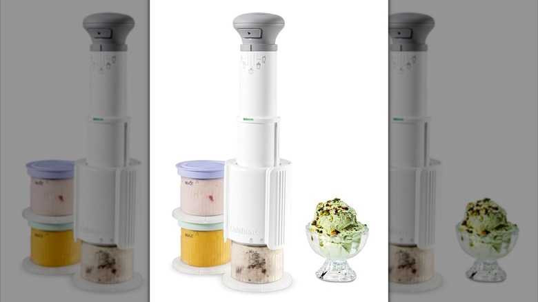 Cuisinart FastFreeze 5-in-1 Ice Cream Maker tool next to two canisters and one bowl of ice cream