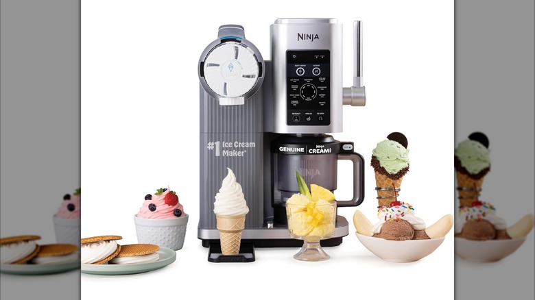 Ninja CREAMi Scoop & Swirl Ice Cream Maker next to bowls, glasses, and cones of ice cream desserts