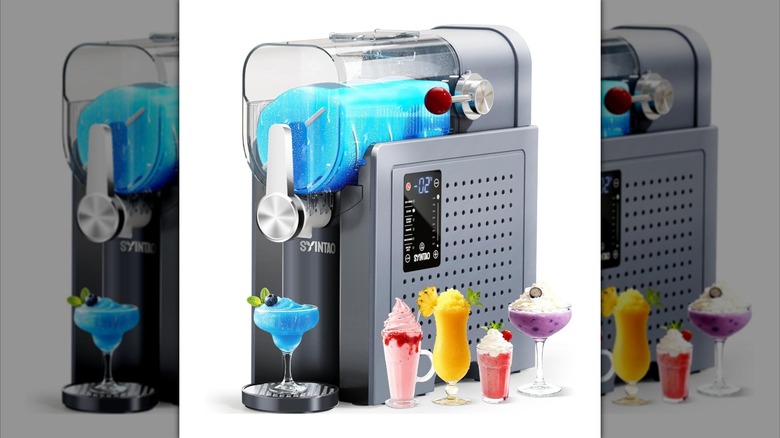 SYINTAO 2-in-1 Slushie & Soft Serve Ice Cream Maker next to glasses of various frozen drinks and cocktails