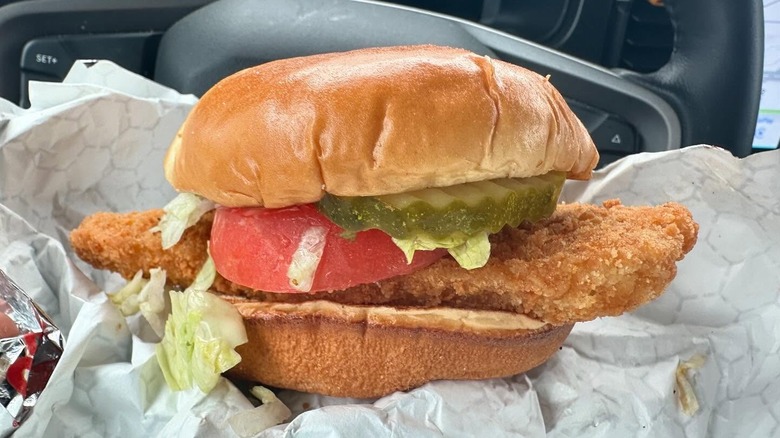 Bojangles' Bojangler Fish Sandwich in paper wrapper