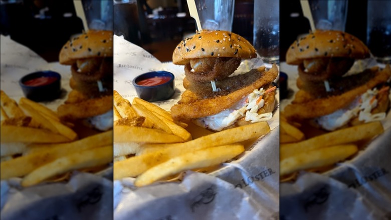 Red Lobster Crunch-Fried Flounder Sandwich with fries on Red Lobster platter