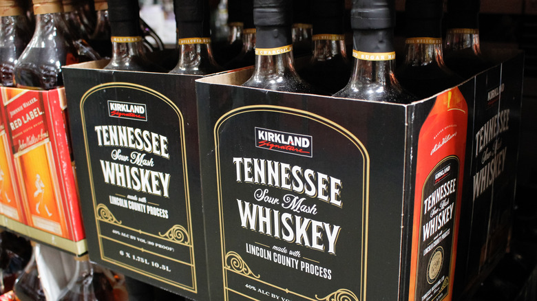 Boxes of Kirkland Tennessee whiskey on the shelf at a Costco