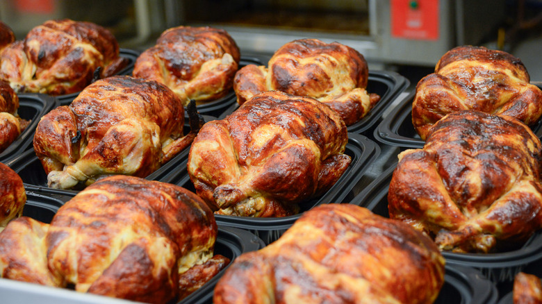 A large amount of store packaged rotisserie chickens