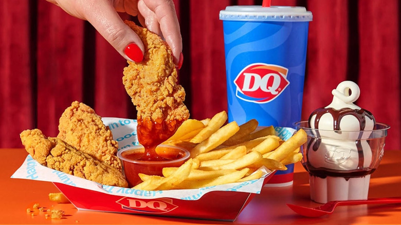 Dairy Queen ice cream, drink, chicken fingers, and fries