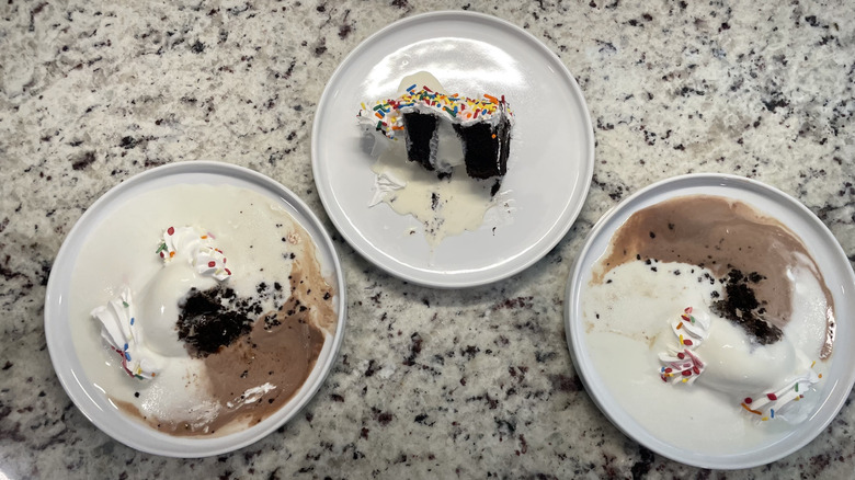 Three slices of melted ice cream cake