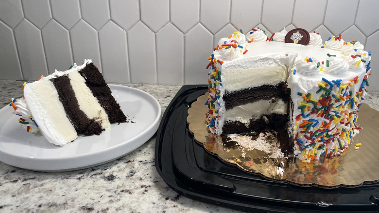 Sliced and whole Dairy Queen ice cream cake