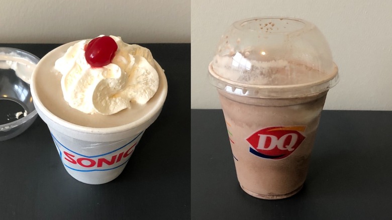 Side by side: Two chocolate milkshakes, one from Sonic and one from Dairy Queen, sit on a counter