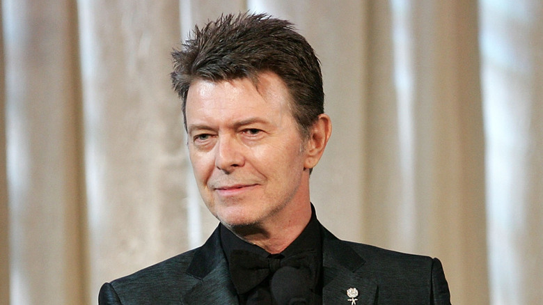 David Bowie wearing a grey suit and bowtie headshot