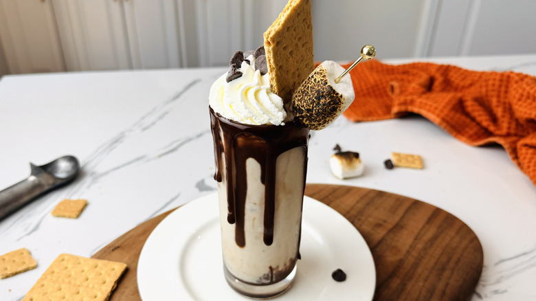 Decadent s'mores milkshake on table