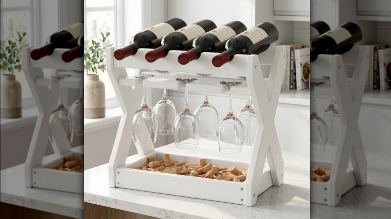Wine rack with bottles, glasses, and corks