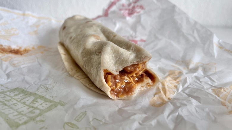Close up of Bean & Cheese Burrito with Red Sauce