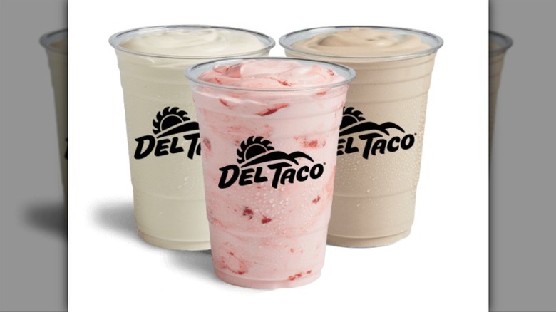 Del Taco milkshakes in vanilla, strawberry, and chocolate