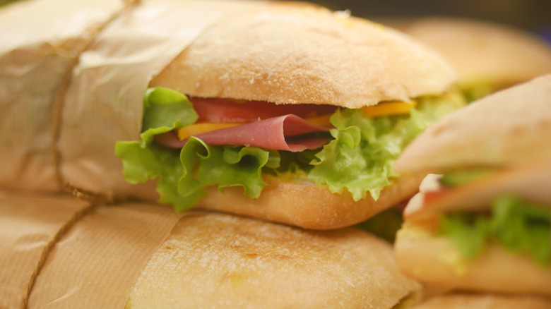 Fresh sandwiches stacked, close up