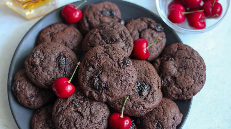 Chocolate Bourbon Cherry Cookies on a plate