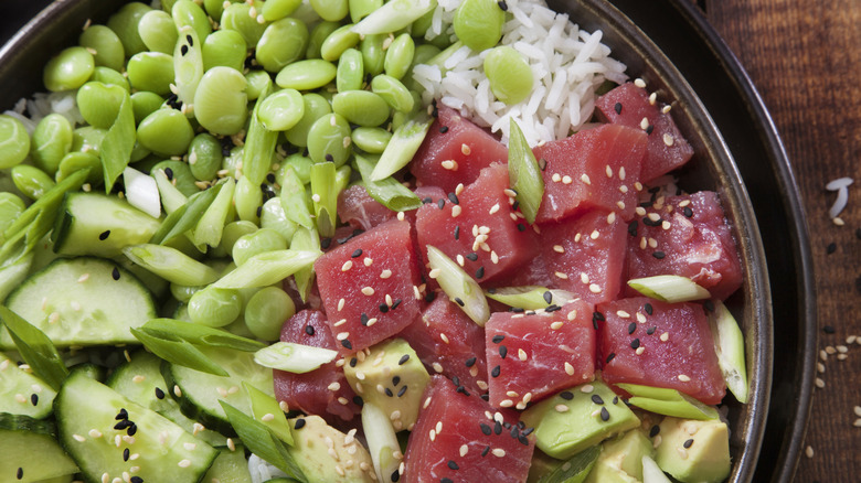 Green vegetables with red fish