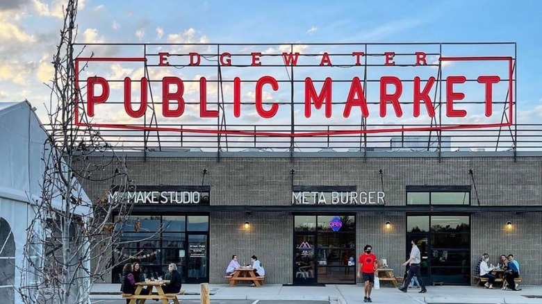 A red sign reading "Edgewater Public Market"