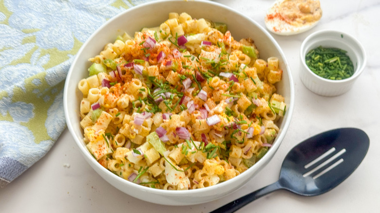 bowl of deviled egg pasta salad