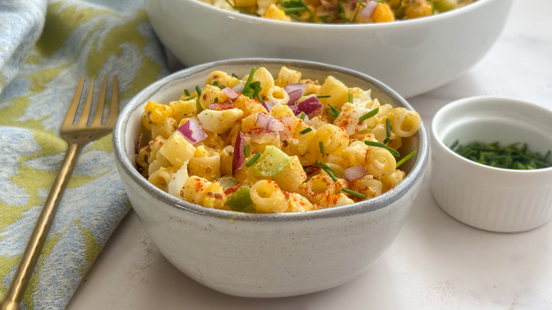 Deviled egg pasta salad in bowl