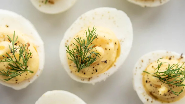 Top view of Deviled Eggs with dill