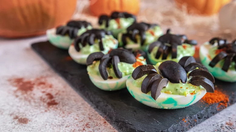 Halloween Deviled Eggs on black board