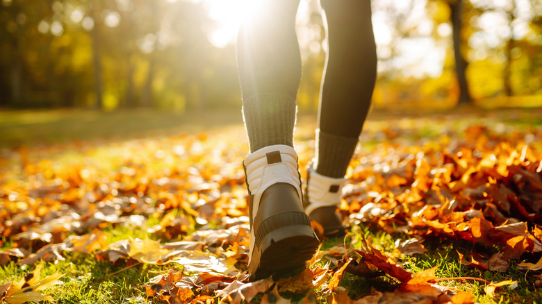feet of person walking in park