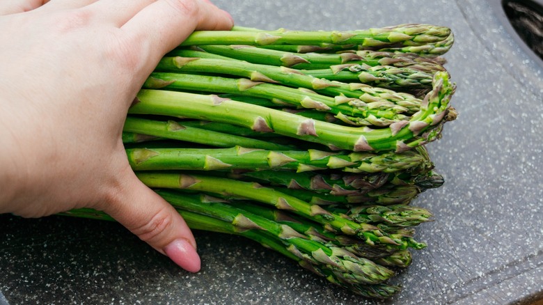 hand holding asparagus bunch