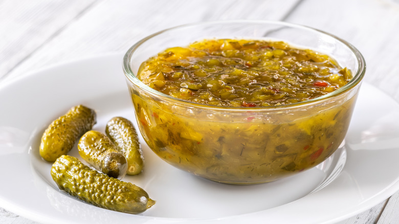 bowl of relish with pickles