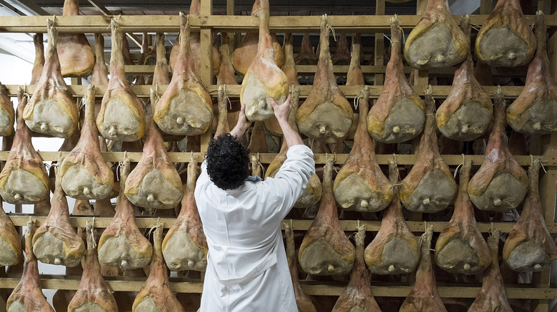 a man in a white coat hanging a leg on a wall of Prosciutto di San Daniele