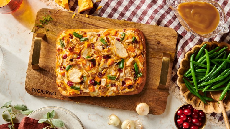 DiGiorno Thanksgiving Pizza on cutting board