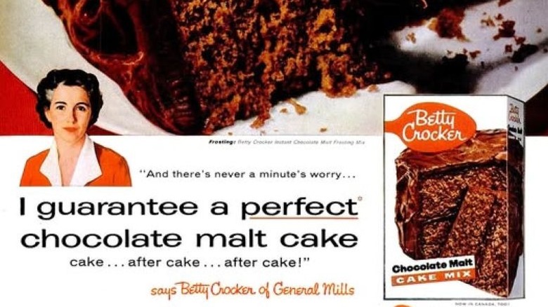 An advertisement for Betty Crocker chocolate malt cake mix