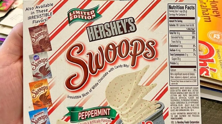 Peppermint Hershey's Swoops box held in store