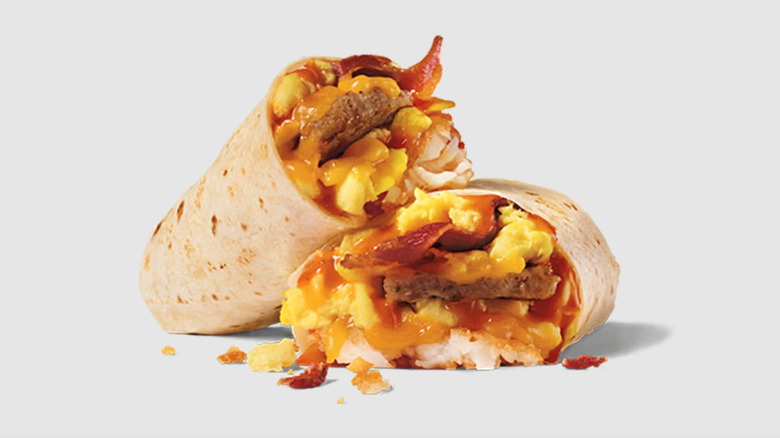 Jack in the Box grande sausage burrito on white background