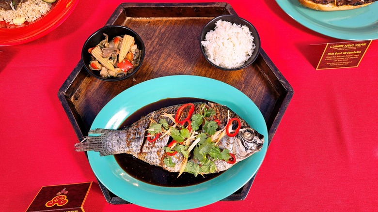 steamed whole fish with sides