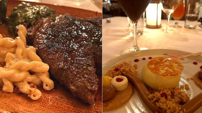 A steak with sides of mac and cheese and creamed spinach, and a dessert plate.