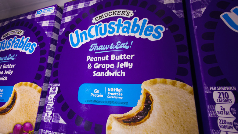 box of Uncrustables on shelf