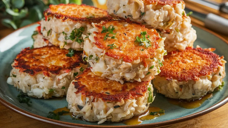 multiple jumbo crab cakes with golden crust piled on plate