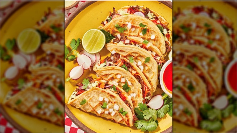 Eggo waffles with taco ingredients inside