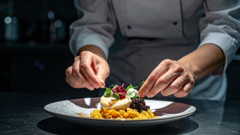 Chef's hands plating a gourmet dish