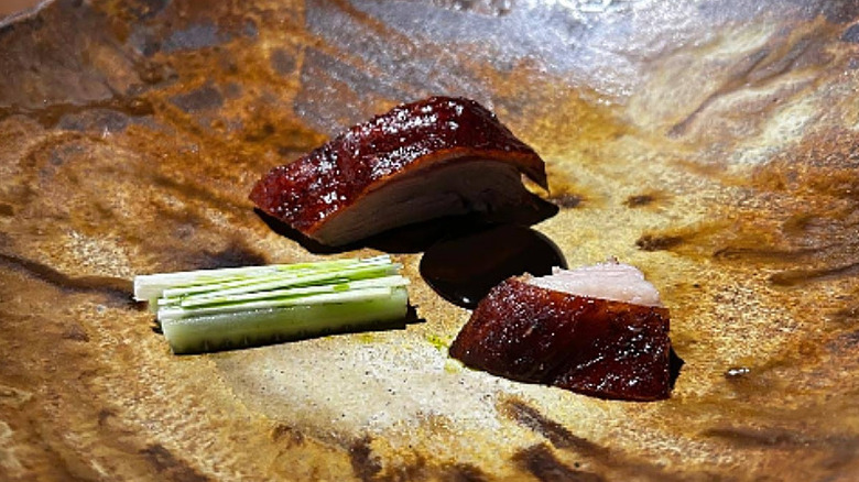 Plated minimalist duck and scallion slices at Ynyshir Restaurant