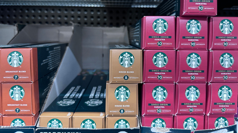 Starbucks coffee pods stacked shelf